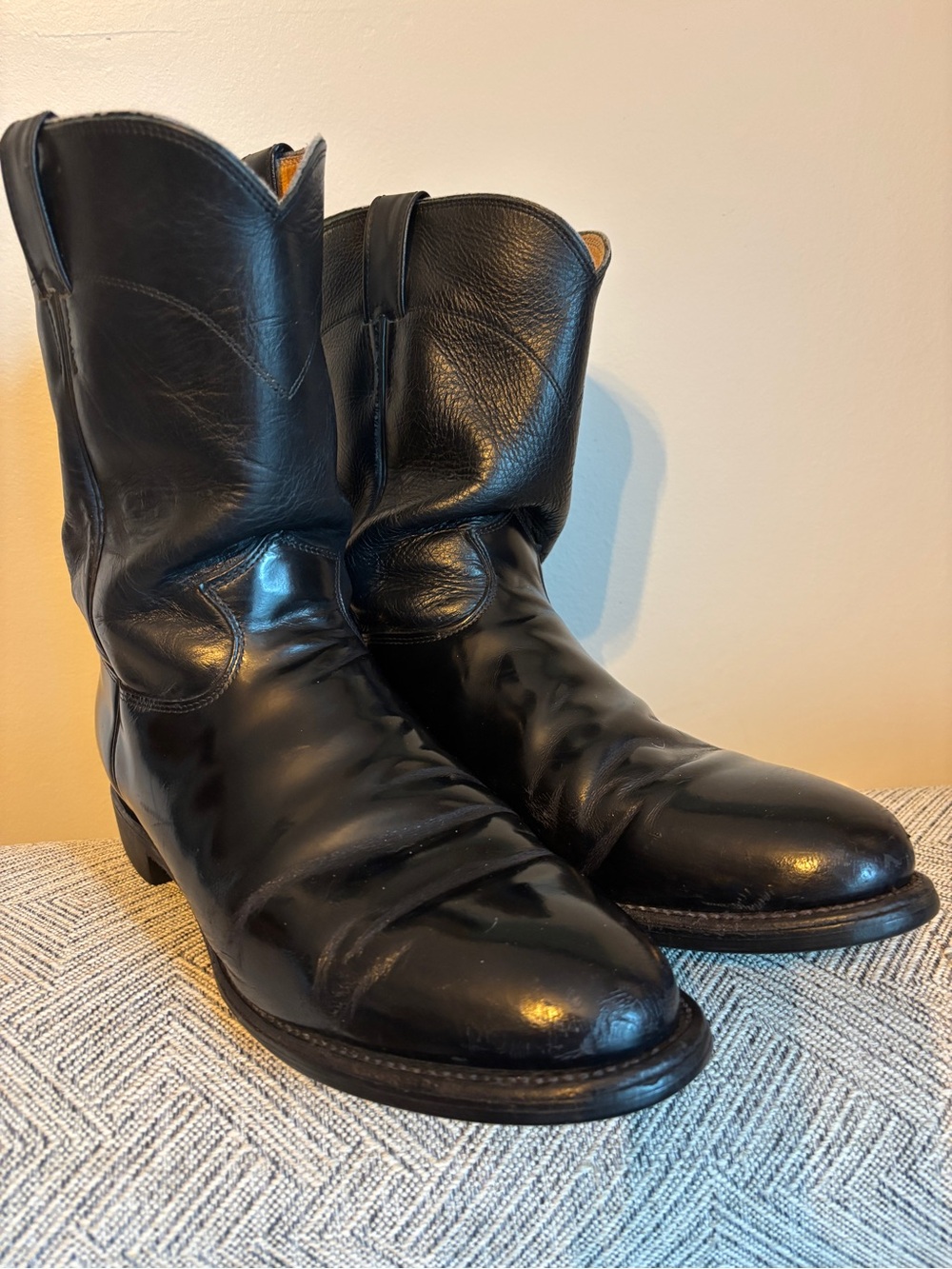 Vintage Justice Black Leather Pull-On Western Boots. Size 11EE.